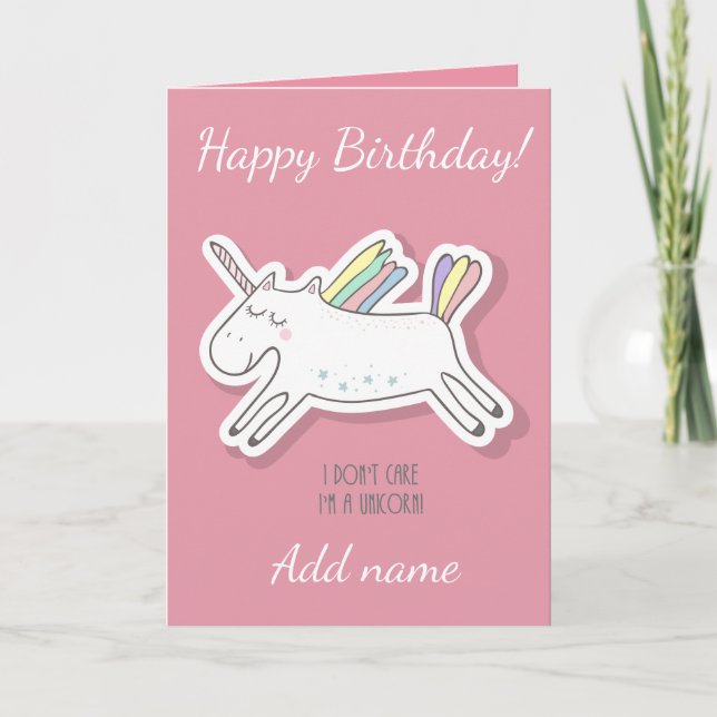Unicorne, Rose, Carte Anniversaire. (Devant)