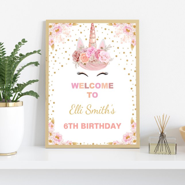 Unicorne rose floral Affiche de bienvenue fête d'a (Pink Floral Unicorn Welcome Signs)