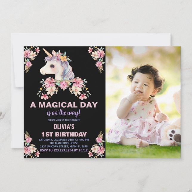Unicorne rose floral photo Invitations d'anniversa (Devant)