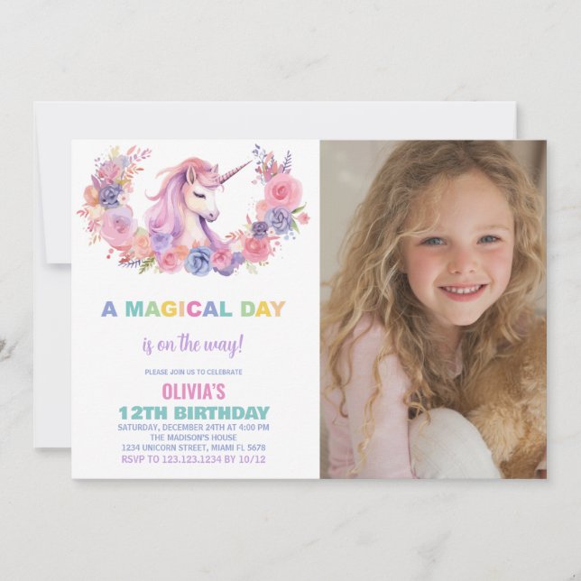 Unicorne rose floral photo Invitations d'anniversa (Devant)