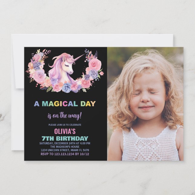 Unicorne rose floral photo Invitations d'anniversa (Devant)