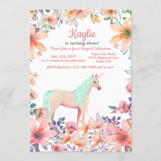 Unicorne rose florale Invitation de fête d'anniver