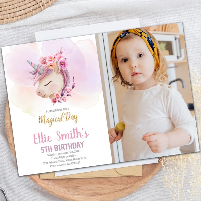 Unicorne rose florale Invitations Anniversaire ave (Pink Floral Unicorn Birthday Invitations w photo)