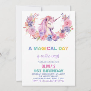 Unicorne rose florale Invitations d'anniversaire