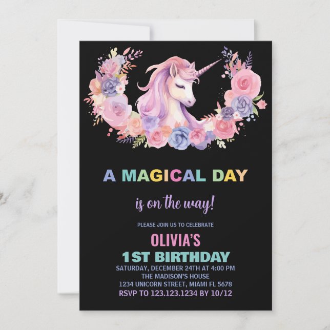 Unicorne rose florale Invitations d'anniversaire (Devant)