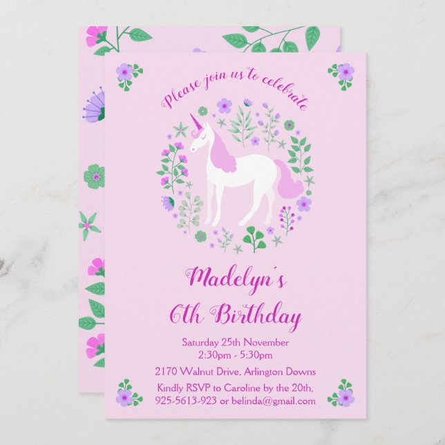 Unicorne rose Invitation de fête d'anniversaire (Devant / Derrière)