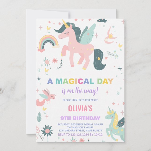 Unicorne rose Invitations d'anniversaire (Devant)