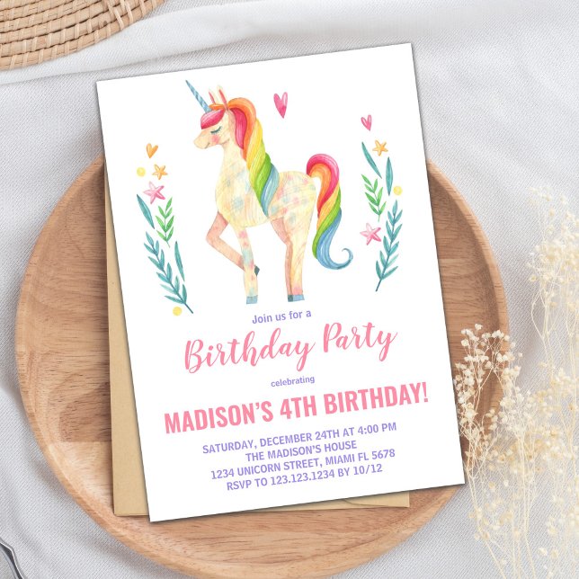 Unicorne rose Invitations d'anniversaire (Pink Unicorn Birthday Invitations)