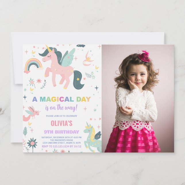 Unicorne rose Invitations d'anniversaire avec phot (Devant)
