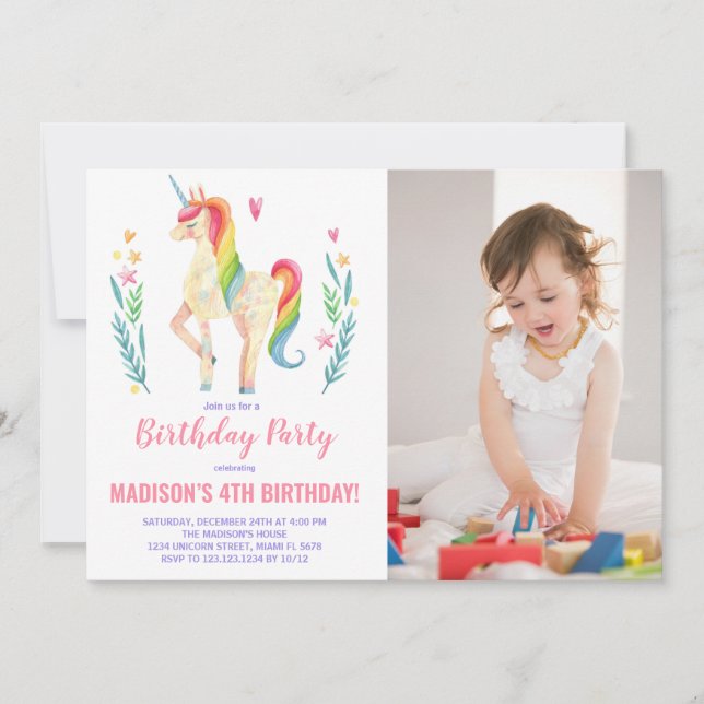 Unicorne rose Invitations d'anniversaire avec phot (Devant)