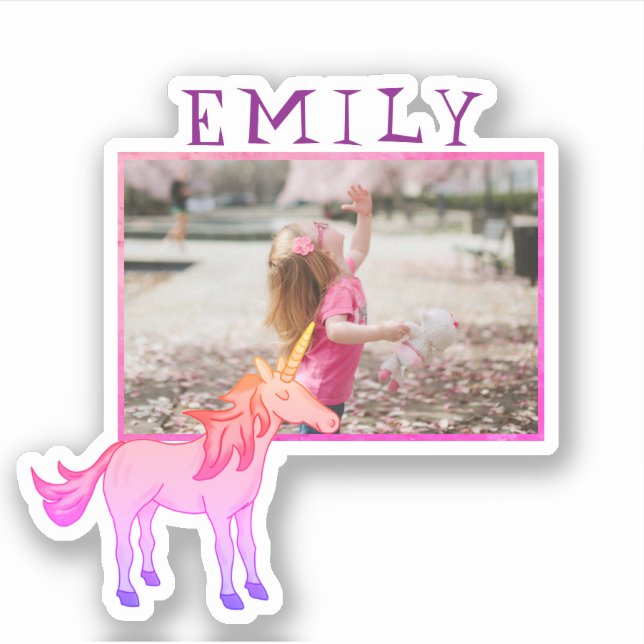 Unicorne rose mignon Nom et photo Sticker pour enf (Devant)