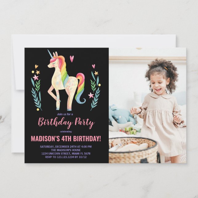 Unicorne rose noir Invitations d'anniversaire avec (Devant)