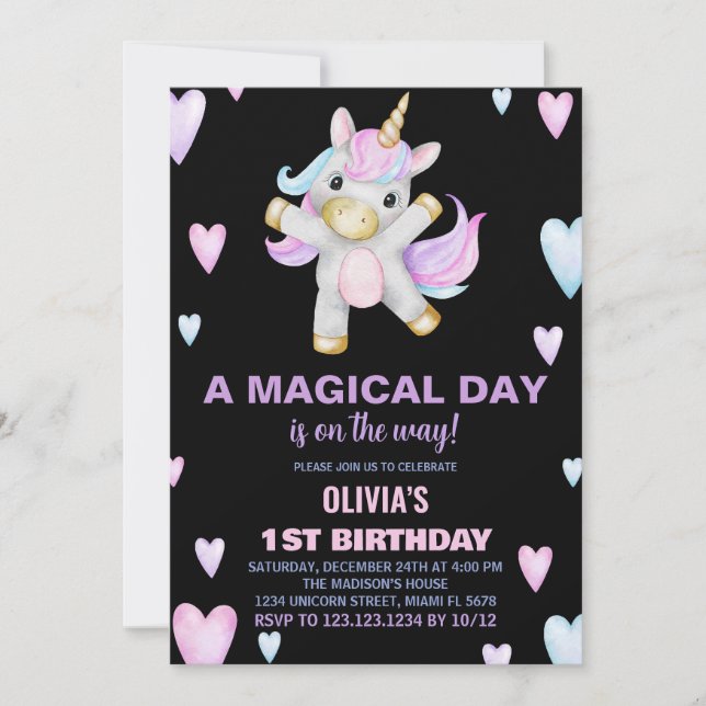 Unicorne rose pourpre Invitations d'anniversaire (Devant)