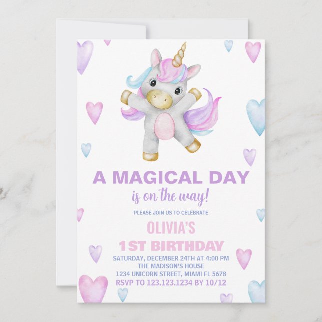Unicorne rose pourpre Invitations d'anniversaire (Devant)
