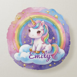 Unicorne sur Cloud Editable Name Round Coussin