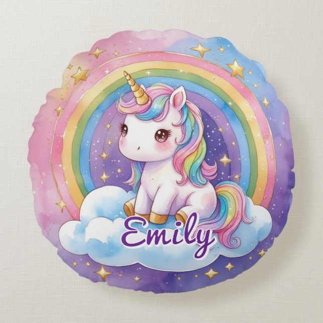 Unicorne sur Cloud Editable Name Round Coussin (Devant)