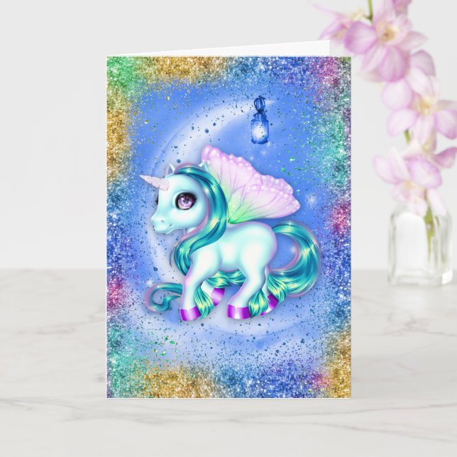 Unicorne sur la carte d'anniversaire bleu lune (Orchidée)