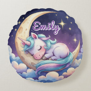 Unicorne sur la lune Nom modifiable Coussin rond