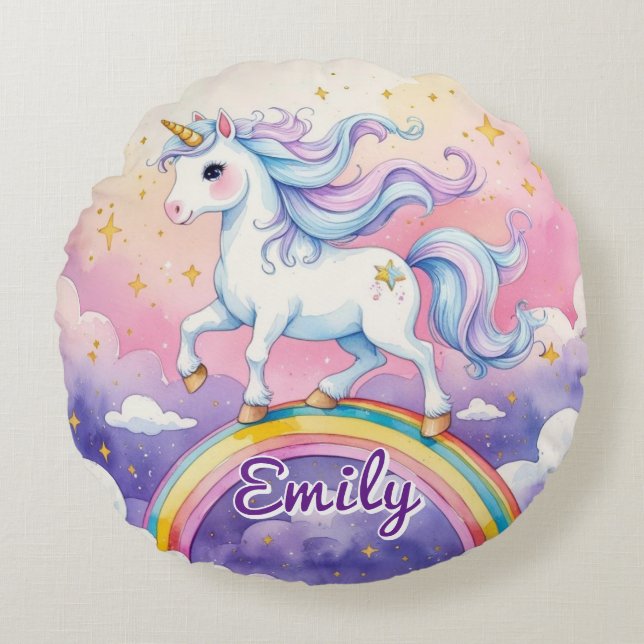 Unicorne sur Rainbow Editable Name Round Coussin (Devant)