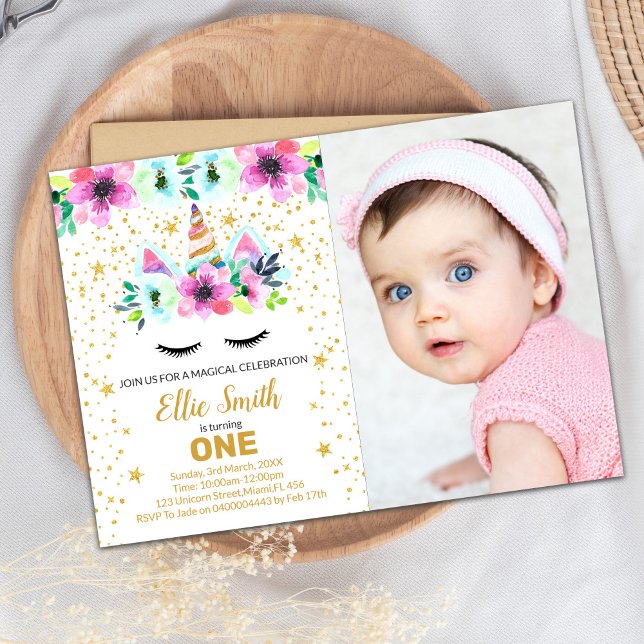 Unicorne verte et rose Invitation d'anniversaire a (Green Pink Unicorn Invitations with photo)