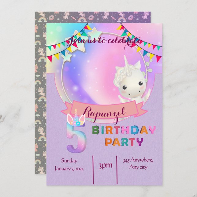 Unicorne Whimsical - Invitation à la fête d'annive (Devant / Derrière)
