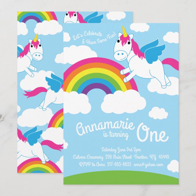 Unicorns et Rainbow 1st Birthday Cute Invitations (Devant / Derrière)