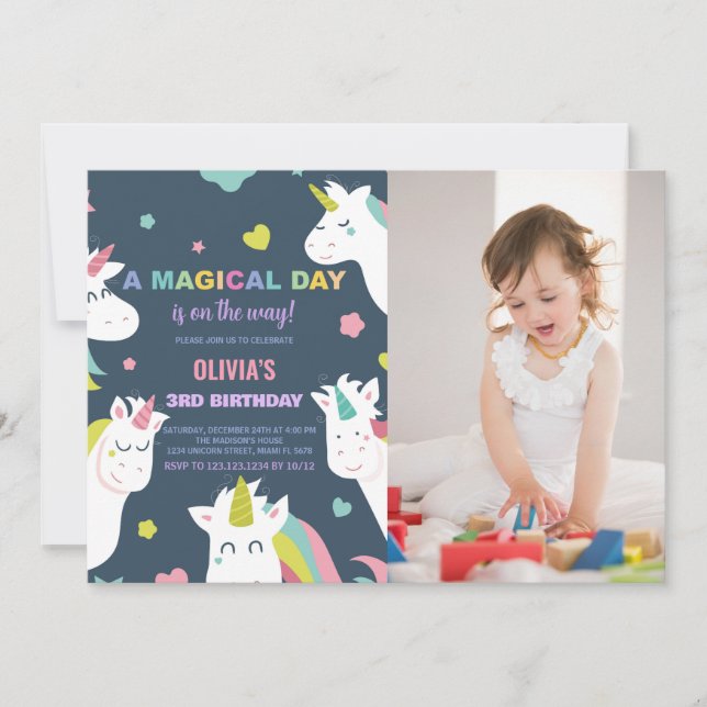 Unicorns Invitations d'anniversaire avec photo (Devant)