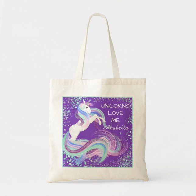 "Unicorns Love Me" Étoiles Glittery Sac fourre-tou (Devant)