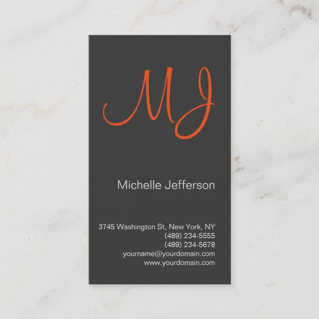Unique Carte de visite gris monogramme orange (Devant)