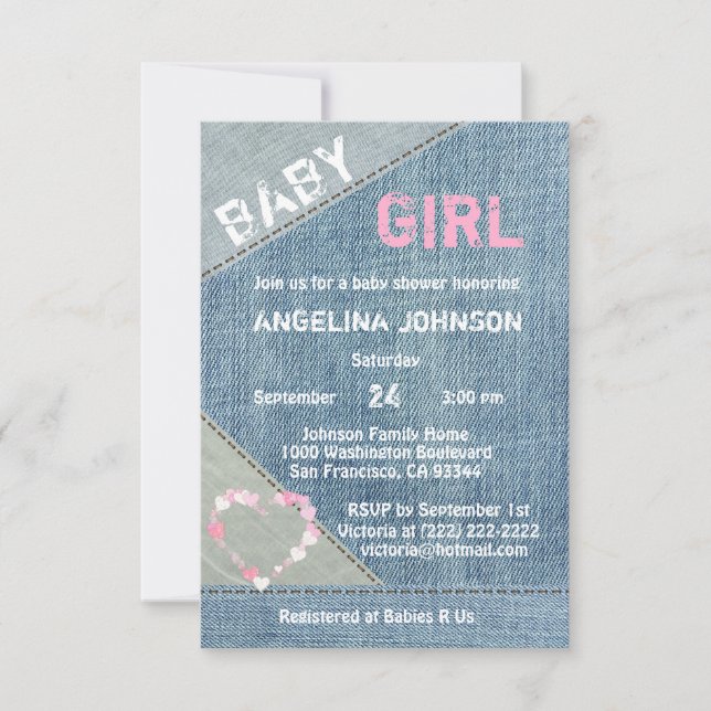 UNIQUE Denim Girls Baby Shower Invitations (Devant)