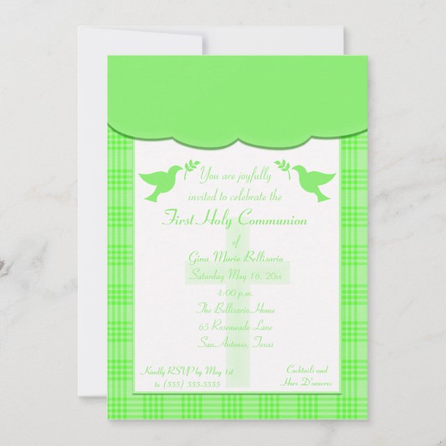Unisex Green plaid First Holy Communion Invitation (Devant)