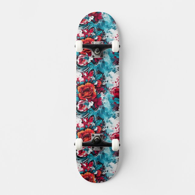 Urban Bloom : Red & Blue Rose Graffiti Skateboard (Recto)