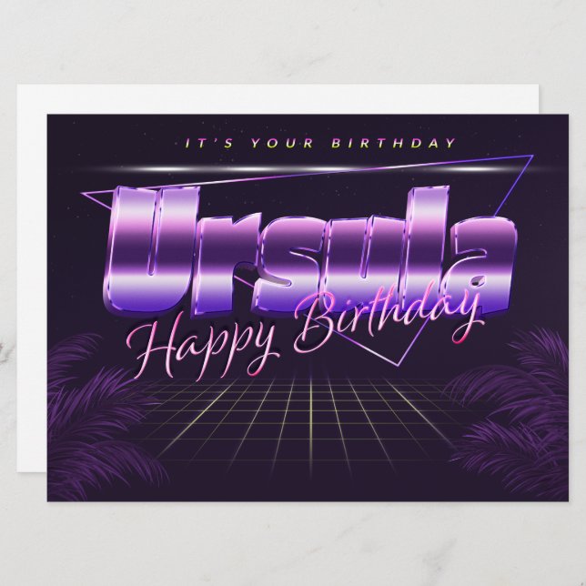 Ursula prénom carte rétro lilas pour un anniversai (Devant / Derrière)
