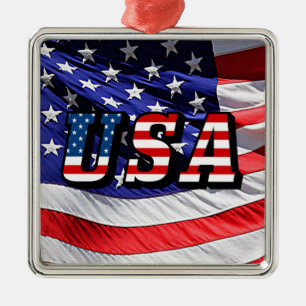 USA - American Flag Sq Metal Ornement de Noël