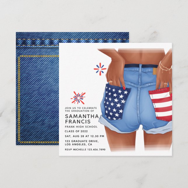 USA Denim Girl Graduation Party Invitation (Devant / Derrière)