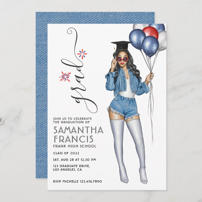 USA Denim thème Girl Graduation Party Invitation (Devant / Derrière)