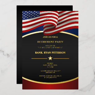 USA Flag Foil Curve Lines Luxury Black Invitation