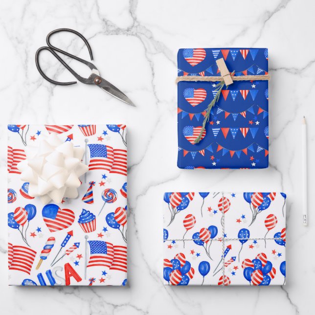 USA Patriotic Flag Wrapper Papier Set de 3 (Recto)