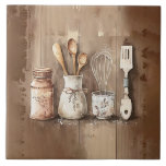 Ustensiles rustiques Aquarelles Faux Carreaux en c<br><div class="desc">Boîtes rustiques de ferme d'aquarelle scène sur un arrière - plan en faux bois. Mélangez et faites correspondre avec d'autres tuiles pour créer votre propre look customisé. Des tuiles de couleur Faux pierre sont également disponibles pour créer votre motif.</div>