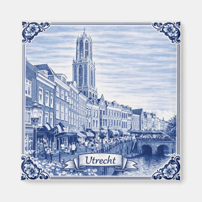 Utrecht canal houses Delft Blue style magnet (Devant)
