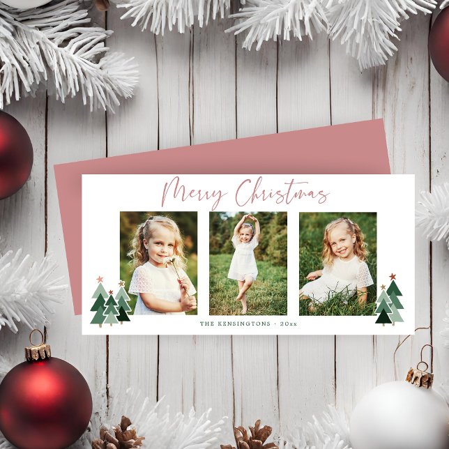 Vacances de Noël rose moderne 3 Photo (Modern Pink Green Christmas Holiday 3 Photo Card)