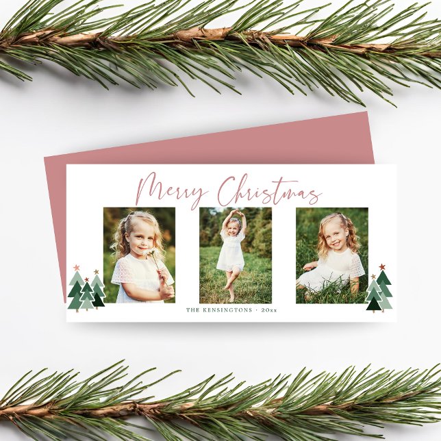 Vacances de Noël rose moderne 3 Photo (Modern Pink Green Christmas Holiday 3 Photo Card)