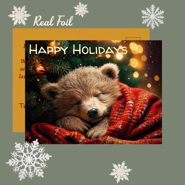 Vacances En Aluminium Joyeuses fêtes Noël Ours de Baisse Carte postale (Sleeping Bear Cub Real Foil Christmas Holiday Postcard. Happy Mail Snail Mail Pen Pal greeting card)