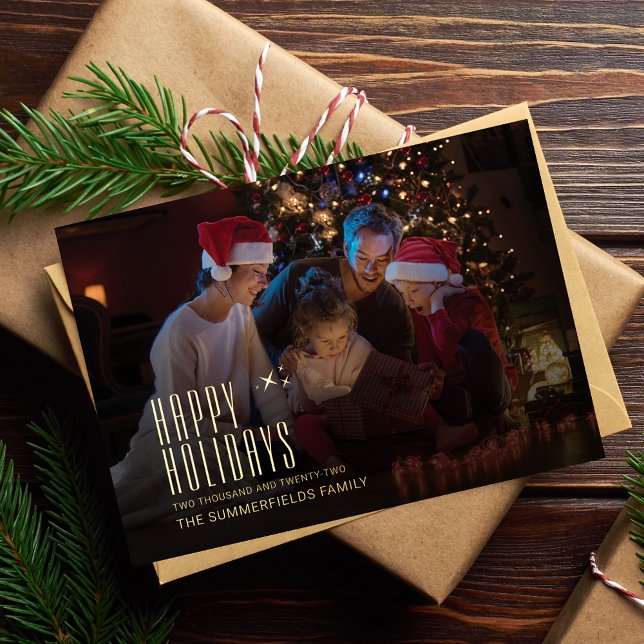 Vacances familiales modernes Photo Christmas Gold (Family Photo Christmas Holdays Greetings Card)