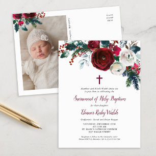 Vacances Floral Hiver Baptême Photo Invitation