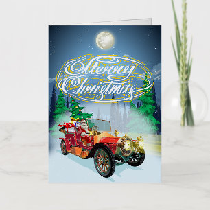Vacances Métallisée Carte de Noël avec voiture vintage et Père Noël
