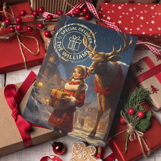 Vacances Métallisée Reindeer Livraison spéciale Pile Carte de Noël (Personalized Reindeer Special Delivery Foil Christmas Card)