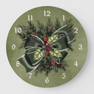 Vacances verdure & Bow vert foncé Horloge de Noël