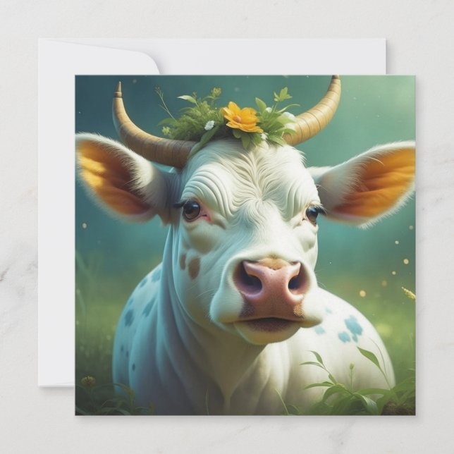 Vache Ai blanche mignonne avec cornes et fleurs (Devant)