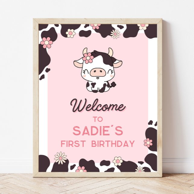 Vache Anniversaire Floral rose Affiche de bienvenu (Créateur téléchargé)